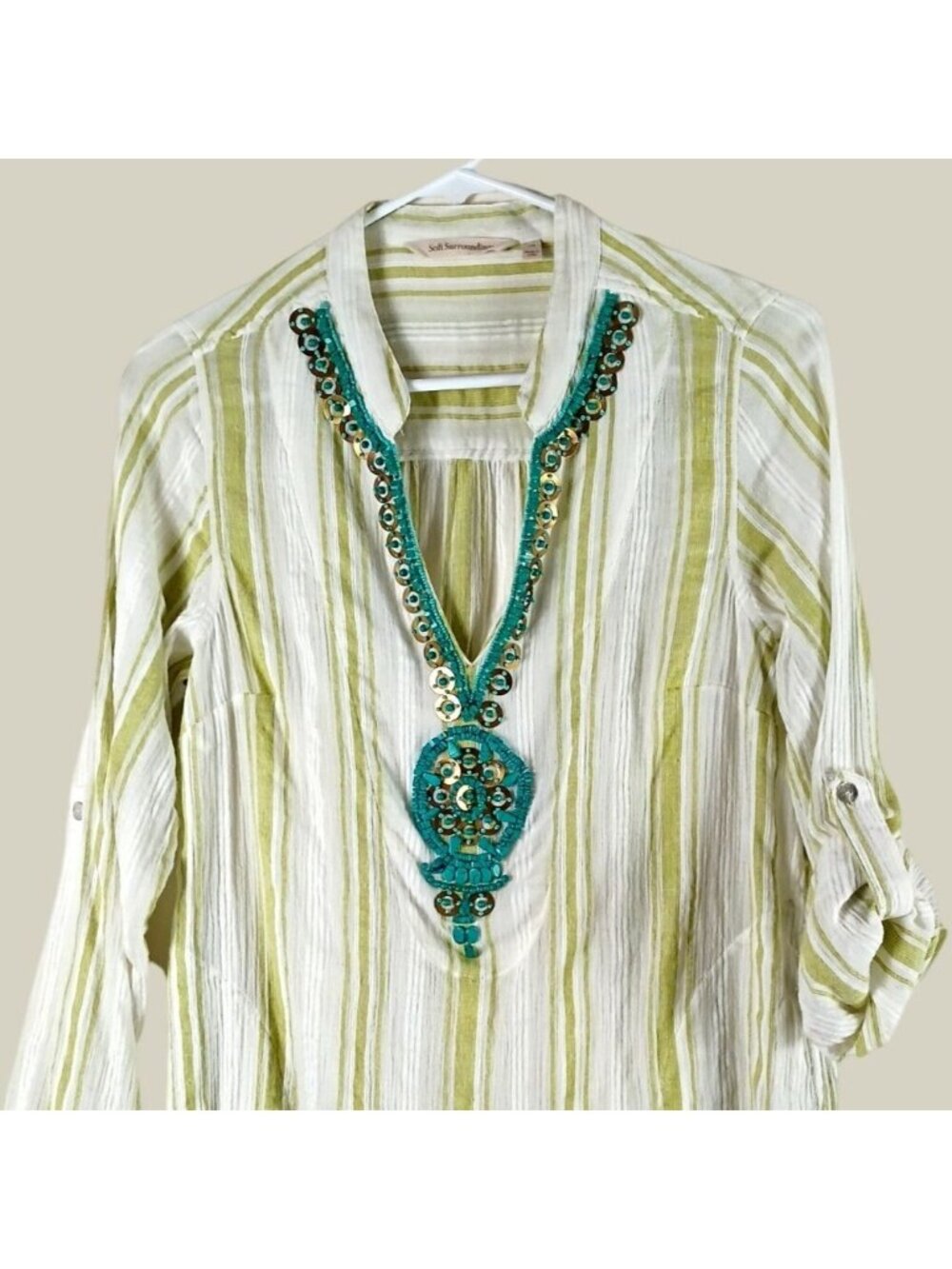 Soft Surroundings Striped Beaded Tunic Womens XS Green Beach Resort Vacation